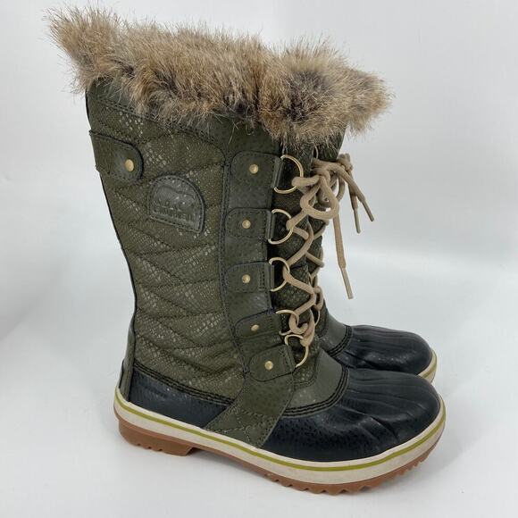 Sorel Tofino II Boots Waterproof Waxed Canvas Faux Fur Green Women's Size 6 - Picture 4 of 12